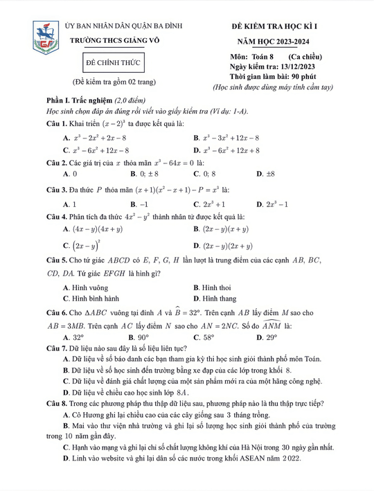 Đề thi Học kì 1 Toán 8 năm 2023-2024 trường THCS Giảng Võ – Hà Nội