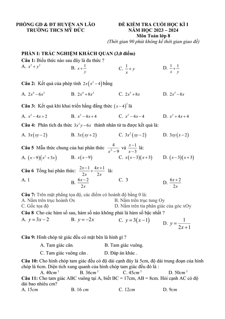 Đề thi Học kì 1 Toán 8 năm 2023-2024 trường THCS Mỹ Đức (Hải Phòng)
