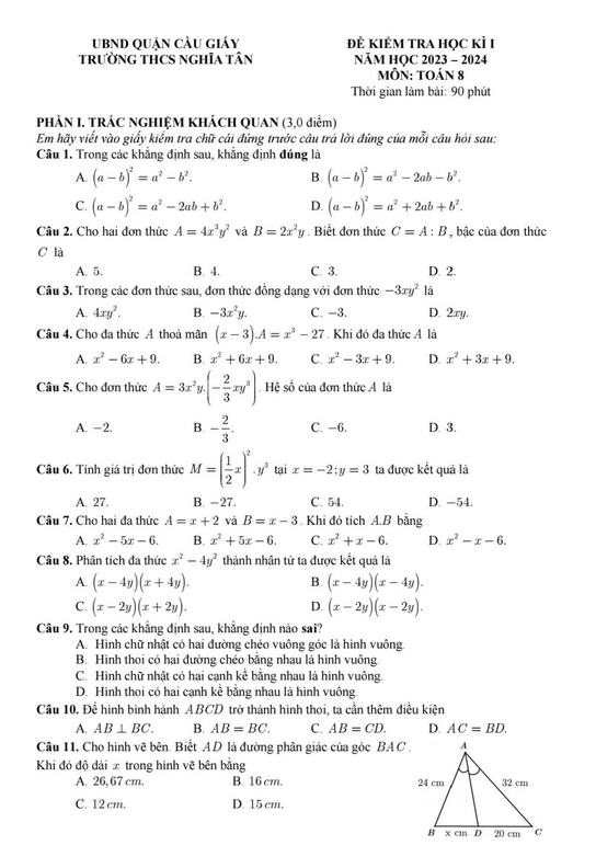 Đề thi Học kì 1 Toán 8 năm 2023-2024 trường THCS Nghĩa Tân – Hà Nội