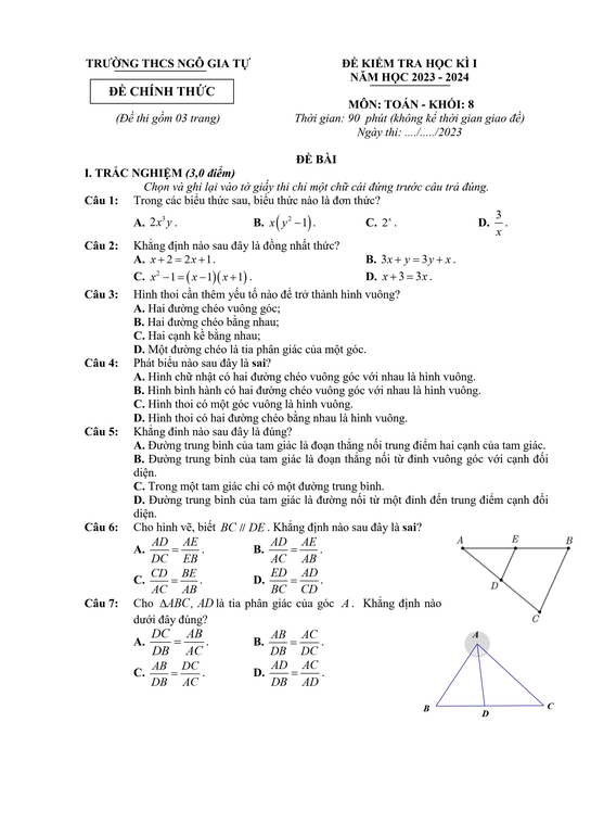 Đề thi Học kì 1 Toán 8 năm 2023-2024 trường THCS Ngô Gia Tự (Hải Phòng)