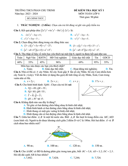 Đề thi Học kì 1 Toán 8 năm 2023-2024 trường THCS Phan Chu Trinh – Hà Nội
