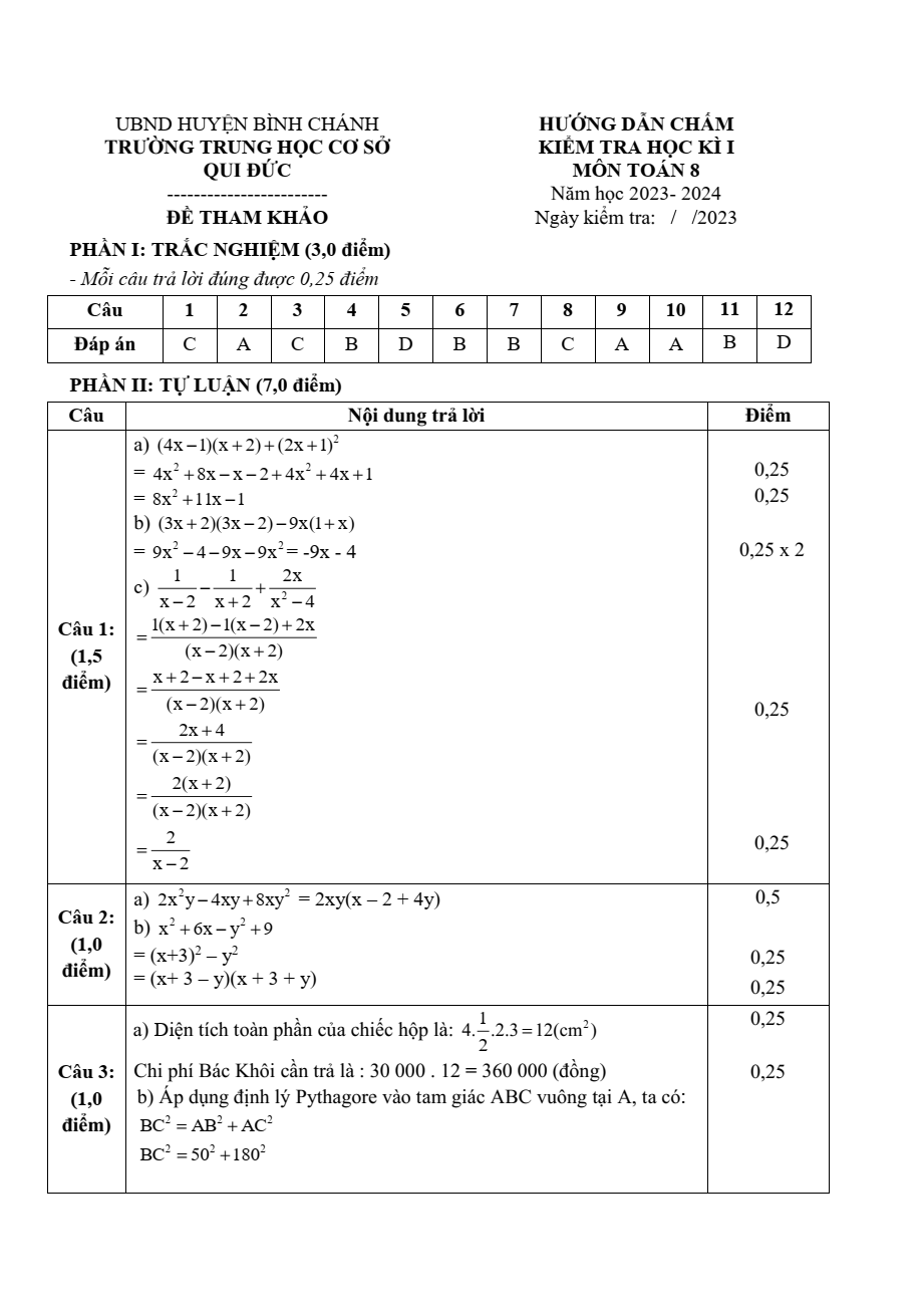 Đề thi Học kì 1 Toán 8 năm 2023-2024 Trường THCS Qui Đức – huyện Bình Chánh (Tp. HCM)