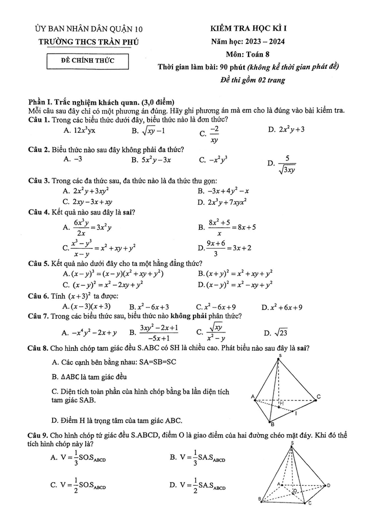 Đề thi Học kì 1 Toán 8 năm 2023-2024 trường THCS Trần Phú (Tp. HCM)