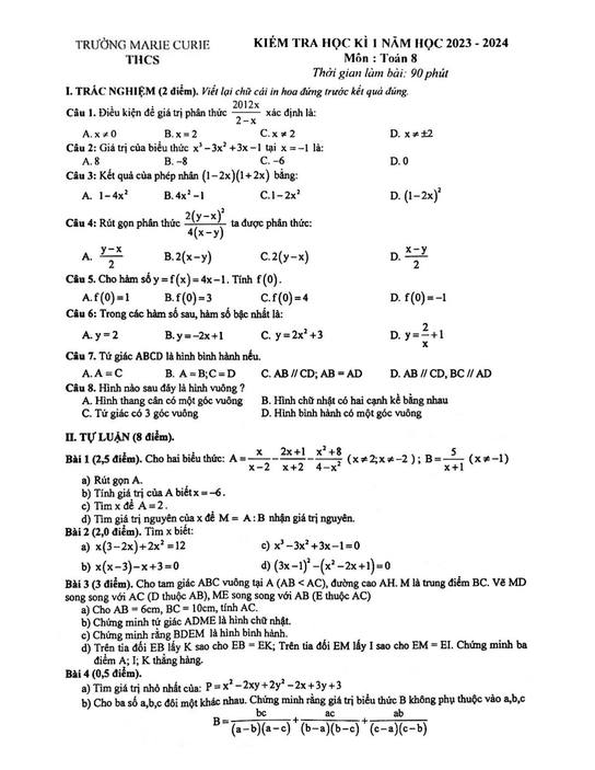 Đề thi Học kì 1 Toán 8 năm 2023-2024 trường Marie Curie – Hà Nội