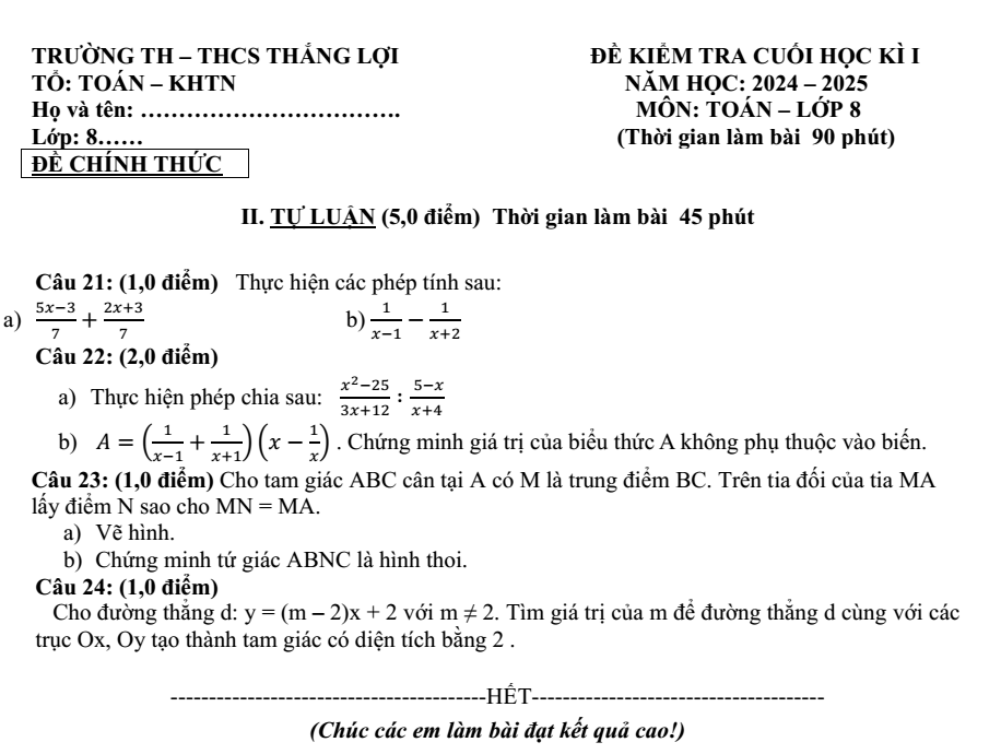 Đề thi Học kì 1 Toán 8 năm 2024-2025 trường TH - THCS Thắng Lợi (Kon Tum)