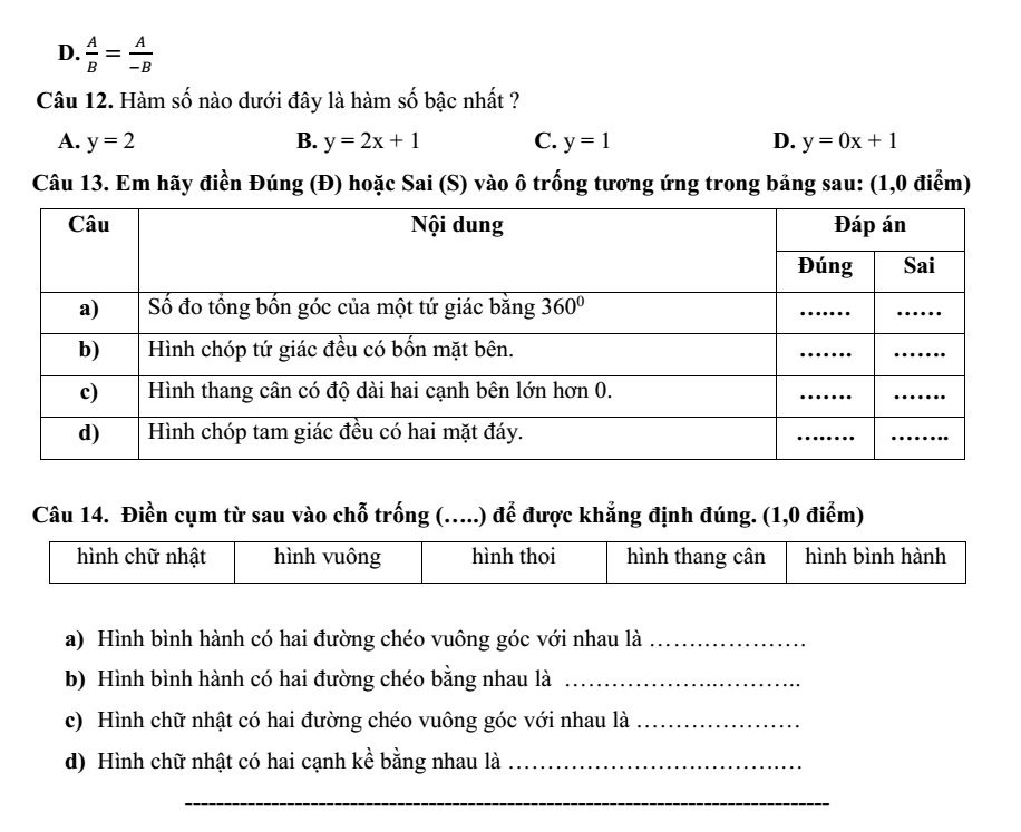 Đề thi Học kì 1 Toán 8 năm 2024-2025 trường TH - THCS Thắng Lợi (Kon Tum)