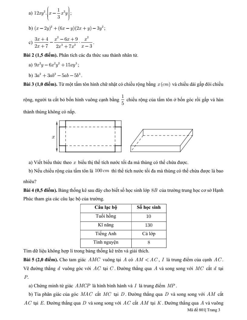 Đề thi Học kì 1 Toán 8 trường Thực hành Sài Gòn (Tp.HCM) năm 2025-2026
