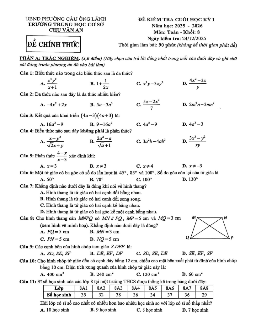 Đề thi Học kì 1 Toán 8 trường THCS Chu Văn An (Tp.HCM) năm 2025-2026