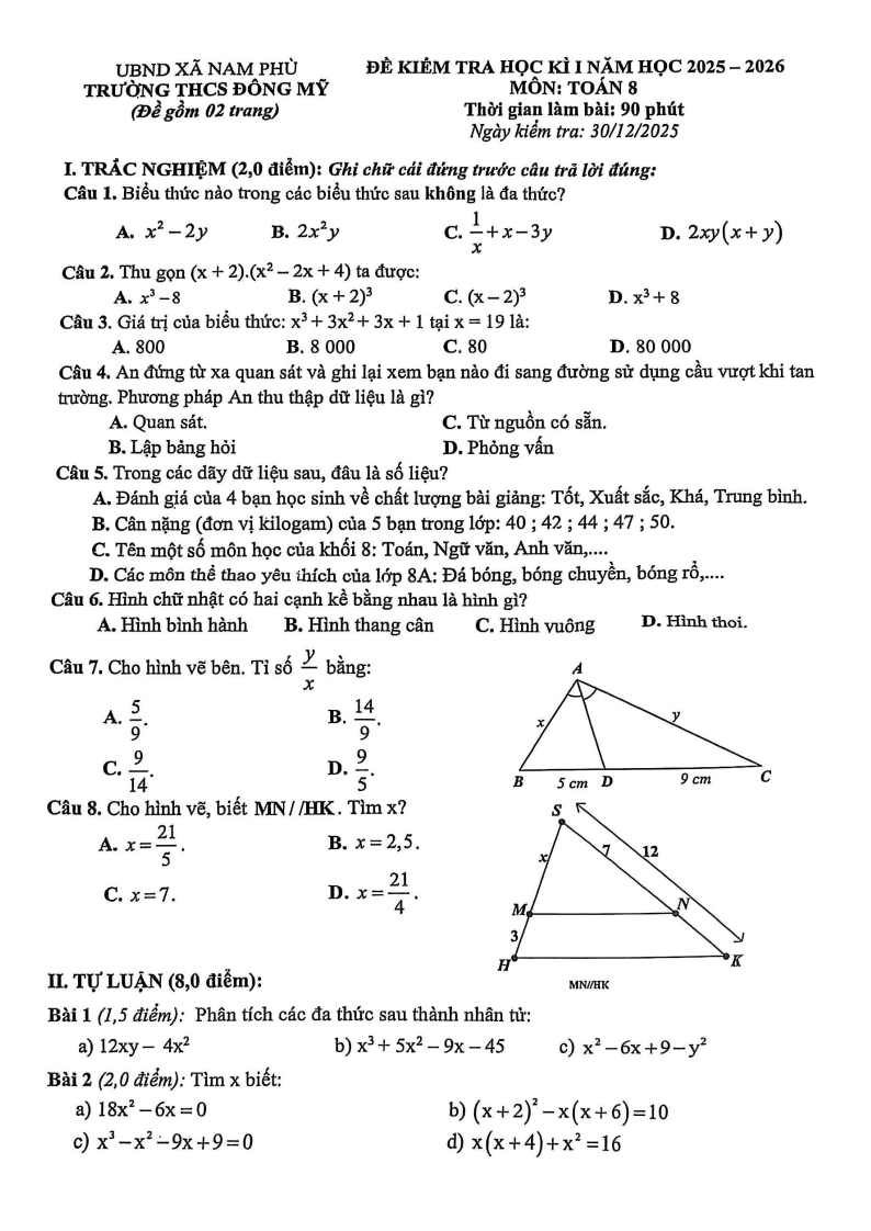 Đề thi Học kì 1 Toán 8 trường THCS Đông Mỹ (Hà Nội) năm 2025-2026