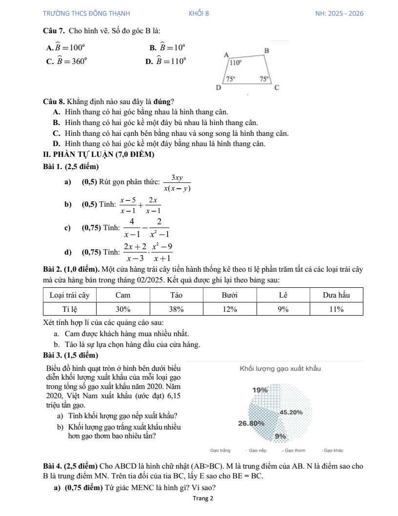 Đề thi Học kì 1 Toán 8 trường THCS Đông Thạnh năm 2025-2026