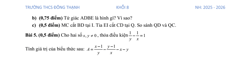 Đề thi Học kì 1 Toán 8 trường THCS Đông Thạnh năm 2025-2026