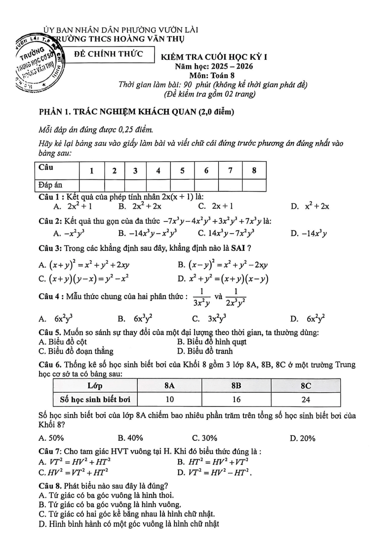 Đề thi Học kì 1 Toán 8 trường THCS Hoàng Văn Thụ năm 2025-2026
