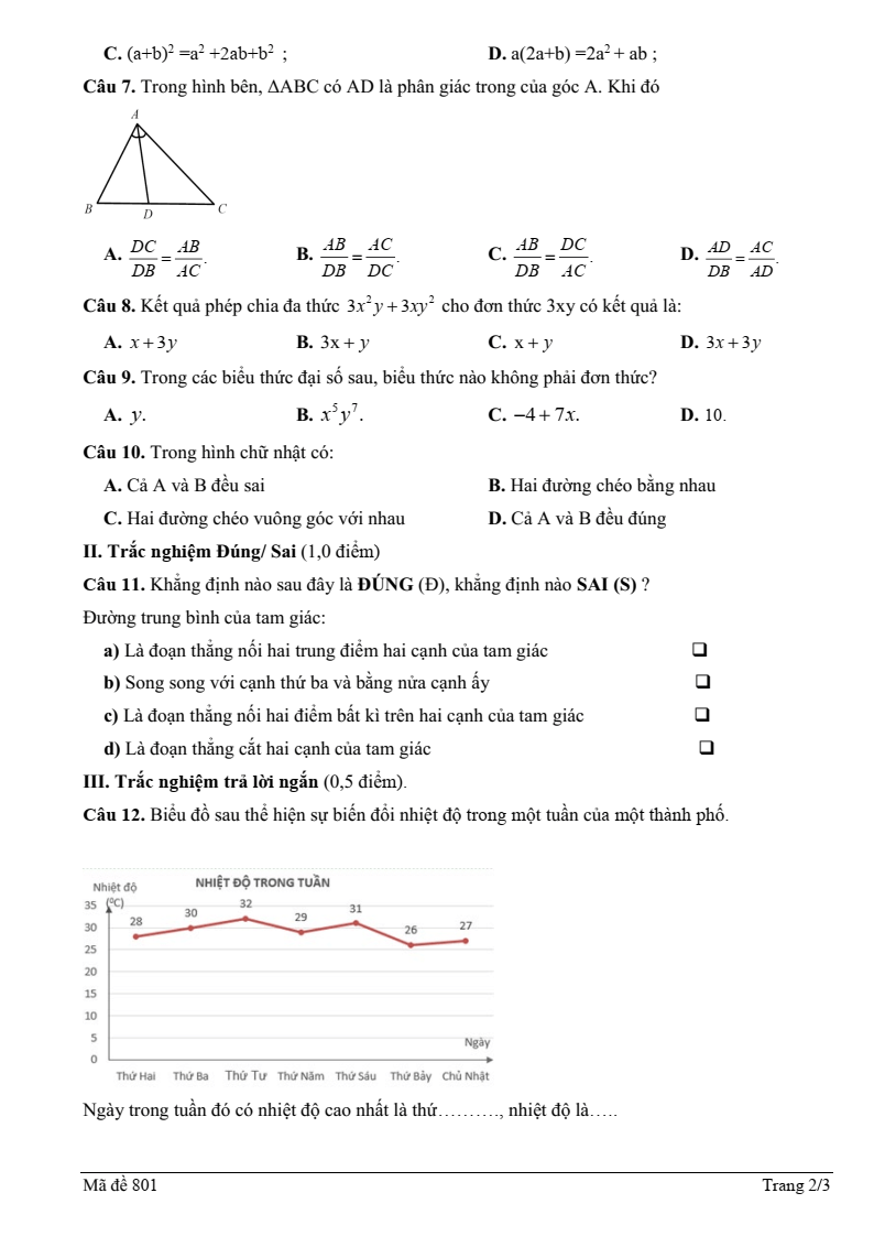 Đề thi Học kì 1 Toán 8 trường THCS Nghĩa An (Nghệ An) năm 2025-2026