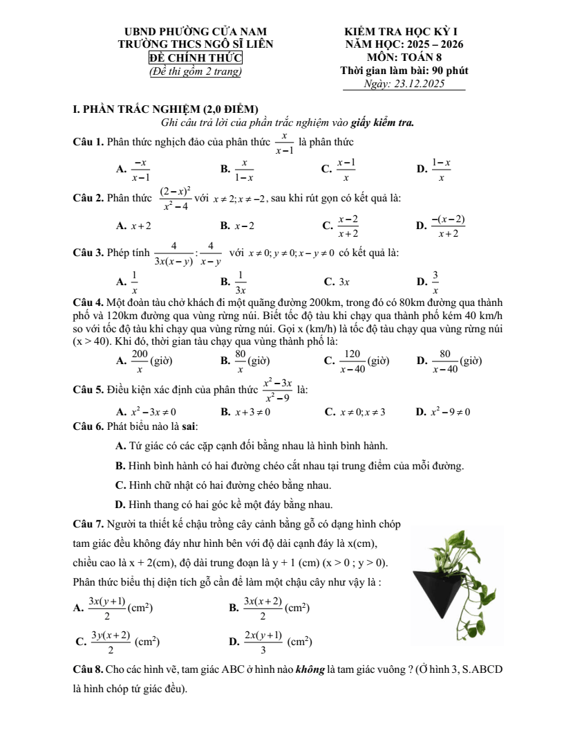 Đề thi Học kì 1 Toán 8 trường THCS Ngô Sĩ Liên (Hà Nội) năm 2025-2026