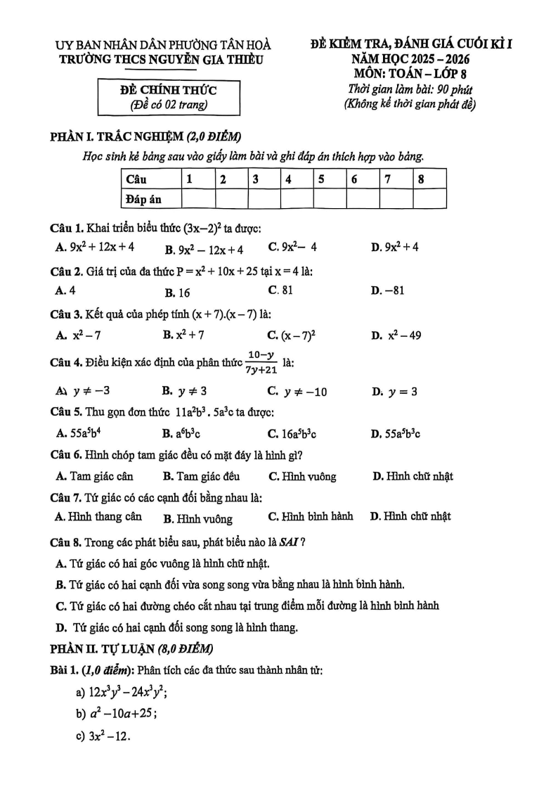 Đề thi Học kì 1 Toán 8 trường THCS Nguyễn Gia Thiều năm 2025-2026