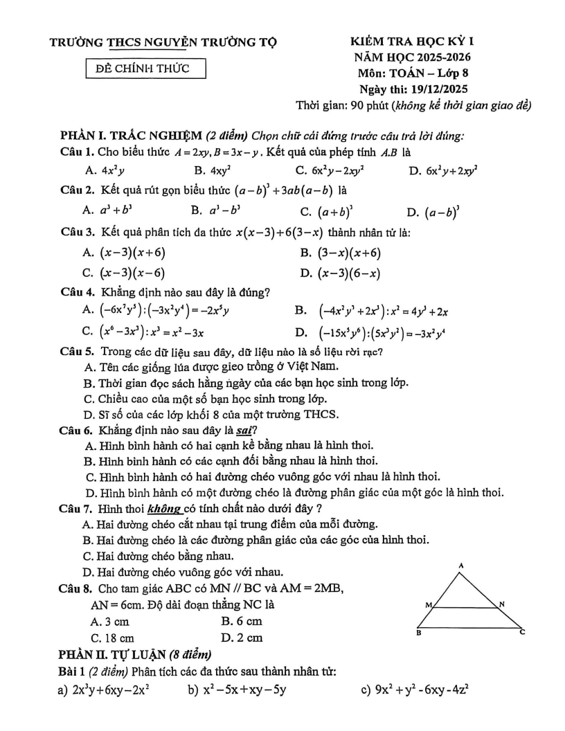 Đề thi Học kì 1 Toán 8 trường THCS Nguyễn Trường Tộ năm 2025-2026