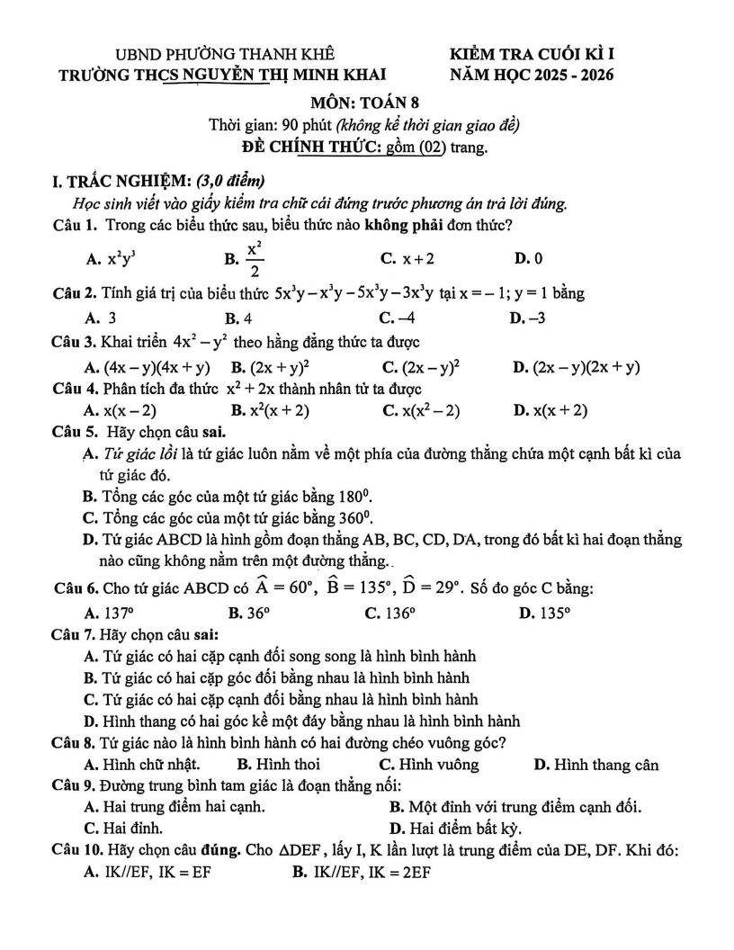 Đề thi Học kì 1 Toán 8 trường THCS Nguyễn Thị Minh Khai (Đà Nẵng) năm 2025-2026
