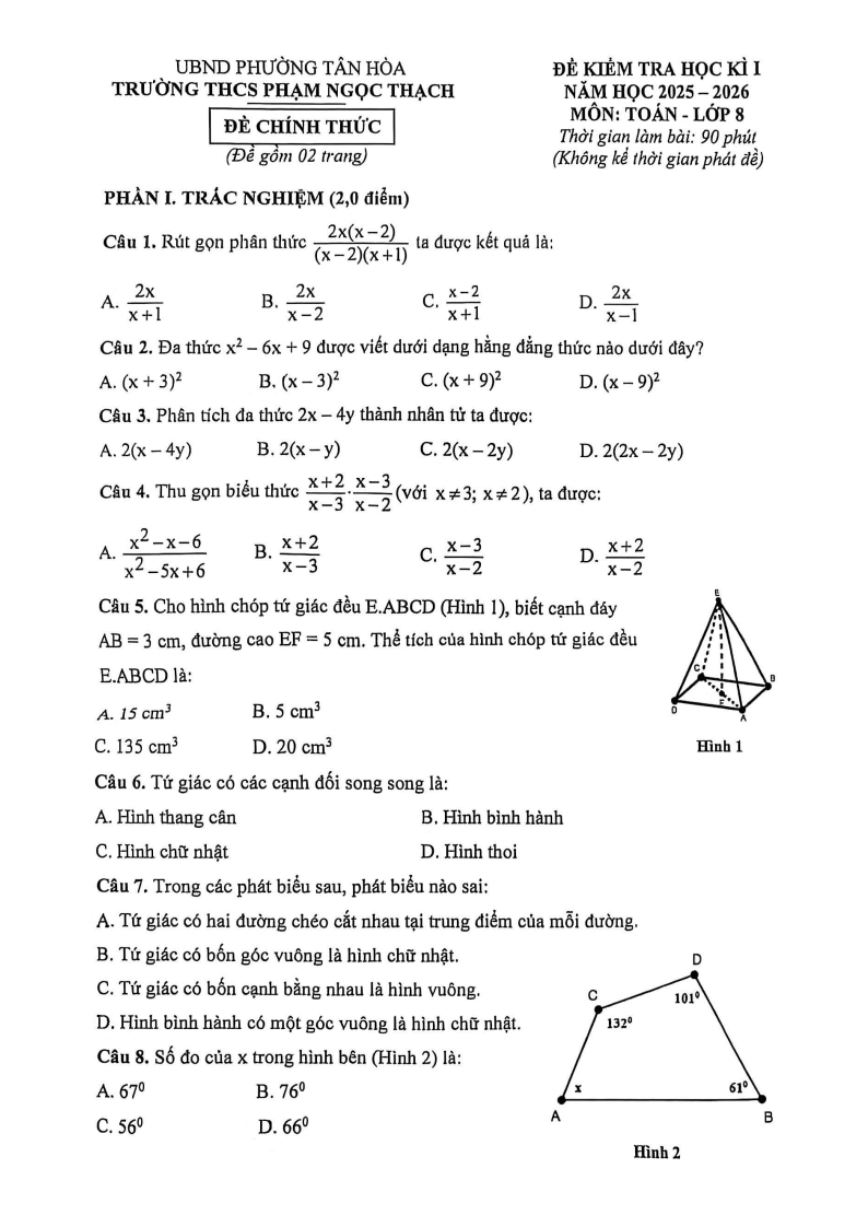 Đề thi Học kì 1 Toán 8 trường THCS Phạm Ngọc Thạch năm 2025-2026