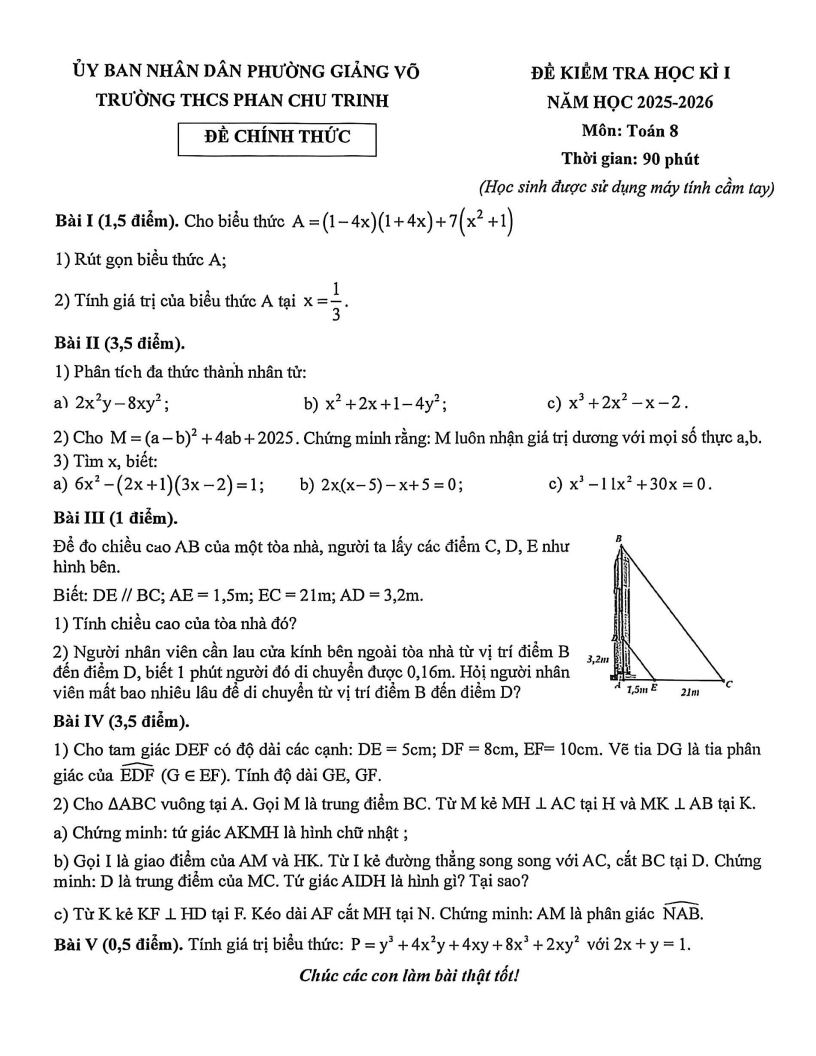 Đề thi Học kì 1 Toán 8 trường THCS Phan Chu Trinh năm 2025-2026