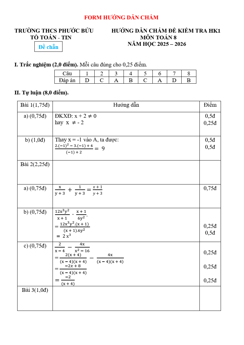 Đề thi Học kì 1 Toán 8 trường THCS Phước Bửu (Tp.HCM) năm 2025-2026