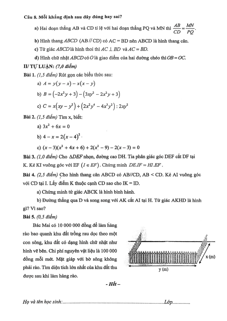 Đề thi Học kì 1 Toán 8 trường THCS Tây Sơn (Đà Nẵng) năm 2025-2026