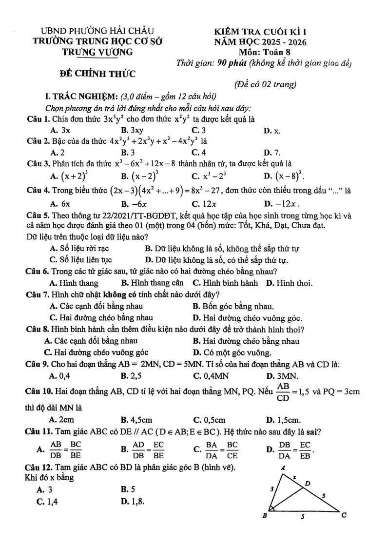 Đề thi Học kì 1 Toán 8 trường THCS Trưng Vương (Đà Nẵng) năm 2025-2026