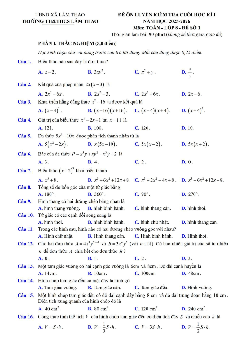 Đề thi Học kì 1 Toán 8 trường TH&THCS Lâm Thao (Bắc Ninh) năm 2025-2026