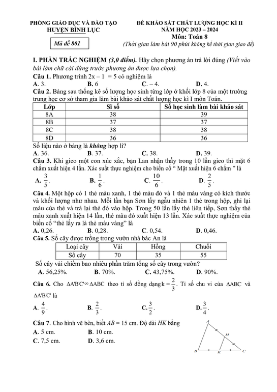 Đề thi Học kì 2 Toán 8 năm 2023-2024 phòng GD&ĐT Bình Lục (Hà Nam)