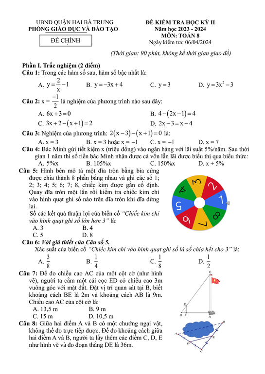 Đề thi Học kì 2 Toán 8 năm 2023-2024 phòng GD&ĐT Hai Bà Trưng – Hà Nội