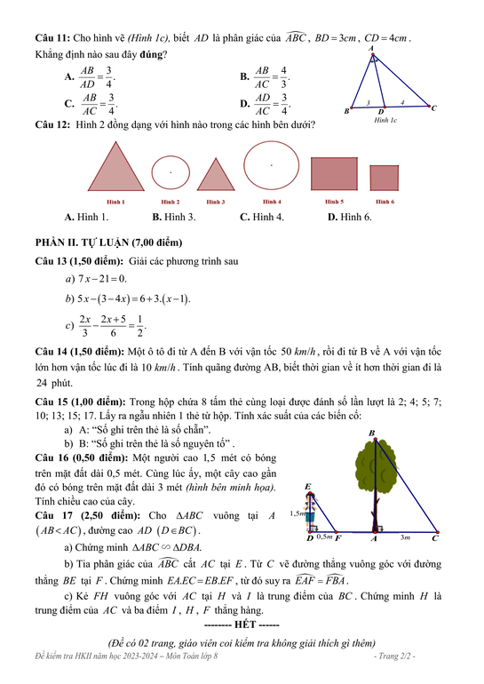 Đề thi Học kì 2 Toán 8 năm 2023-2024 phòng GD&ĐT Ninh Hòa (Khánh Hòa)