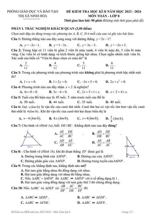 Đề thi Học kì 2 Toán 8 năm 2023-2024 phòng GD&ĐT Ninh Hòa (Khánh Hòa)