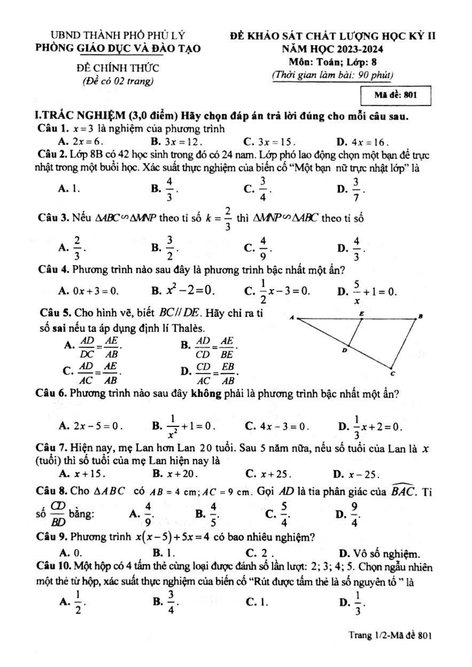 Đề thi Học kì 2 Toán 8 năm 2023-2024 phòng GD&ĐT Phủ Lý (Hà Nam)