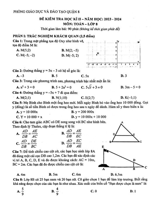 Đề thi Học kì 2 Toán 8 năm 2023-2024 phòng GD&ĐT quận 8 (Tp. HCM)