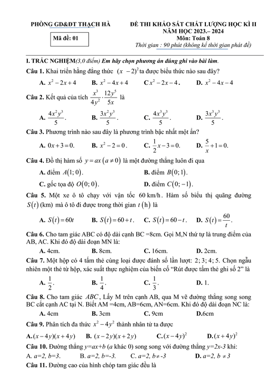 Đề thi Học kì 2 Toán 8 năm 2023-2024 phòng GD&ĐT Thạch Hà (Hà Tĩnh)