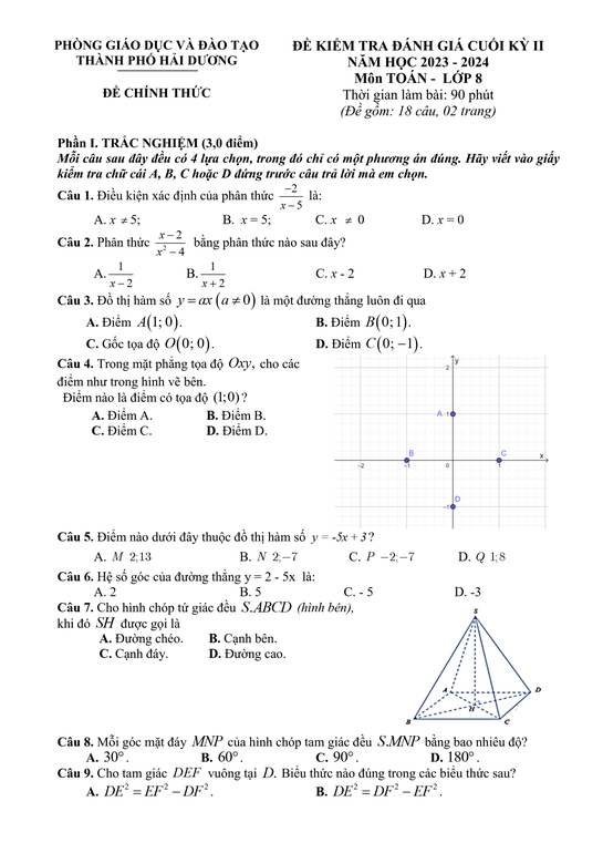 Đề thi Học kì 2 Toán 8 năm 2023-2024 phòng GD&ĐT thành phố Hải Dương