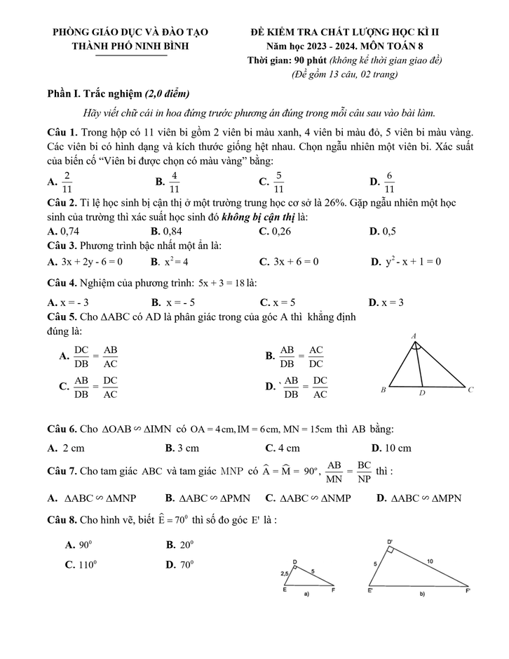 Đề thi Học kì 2 Toán 8 năm 2023-2024 phòng GD&ĐT thành phố Ninh Bình