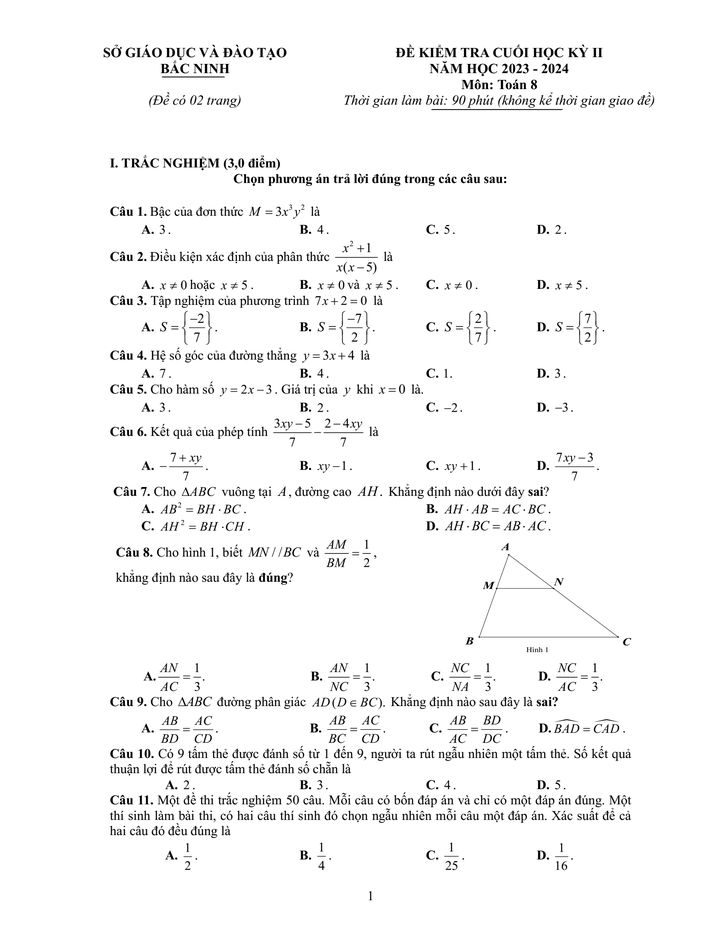Đề thi Học kì 2 Toán 8 năm 2023-2024 sở GD&ĐT Bắc Ninh
