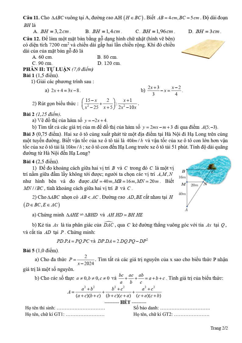Đề thi Học kì 2 Toán 8 phòng GD&ĐT Hải Hậu (Nam Định) năm 2024-2025