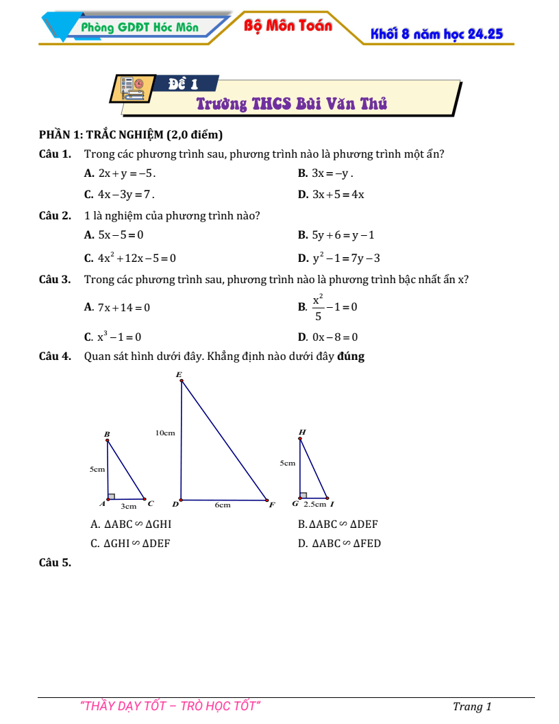 Đề thi Học kì 2 Toán 8 phòng GD&ĐT Hóc Môn (Tp.HCM) năm 2024-2025
