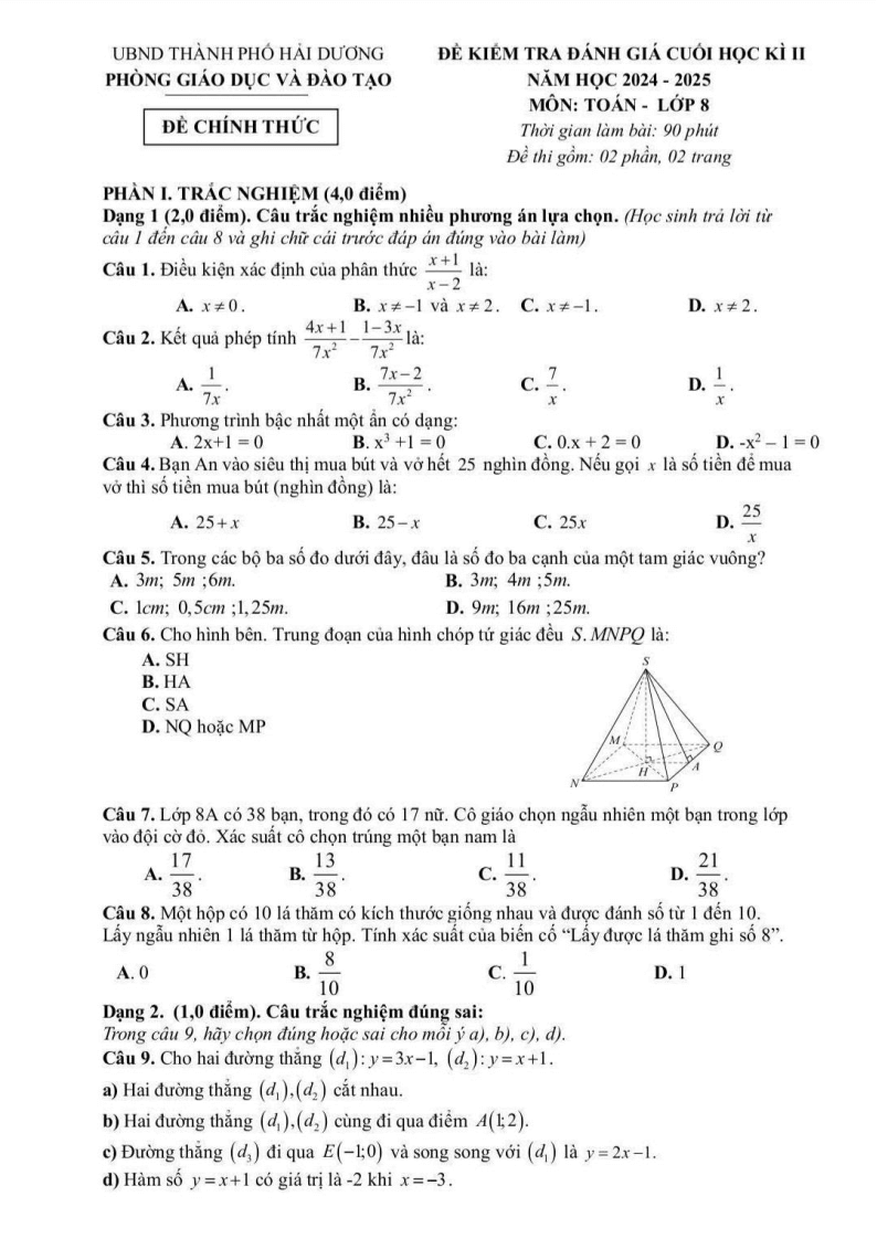 Đề thi Học kì 2 Toán 8 phòng GD&ĐT TP Hải Dương năm 2024-2025