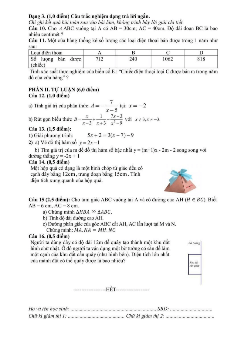 Đề thi Học kì 2 Toán 8 phòng GD&ĐT TP Hải Dương năm 2024-2025