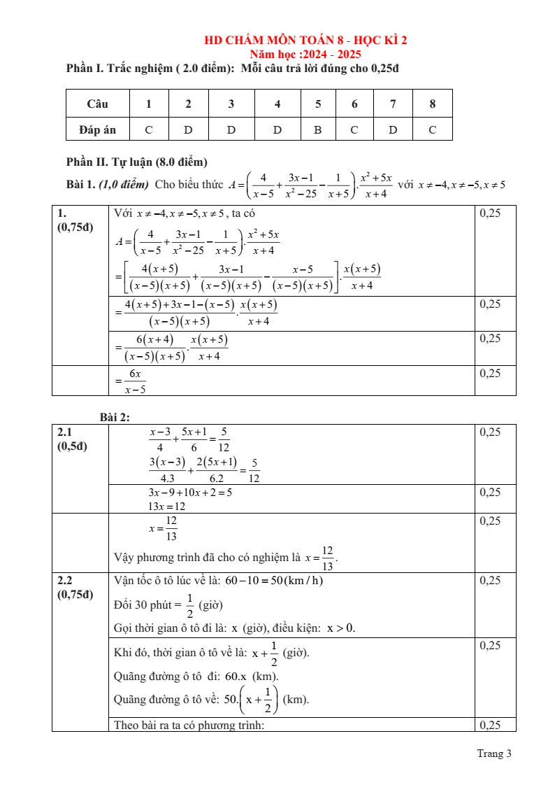 Đề thi Học kì 2 Toán 8 phòng GD&ĐT Trực Ninh (Nam Định) năm 2024-2025