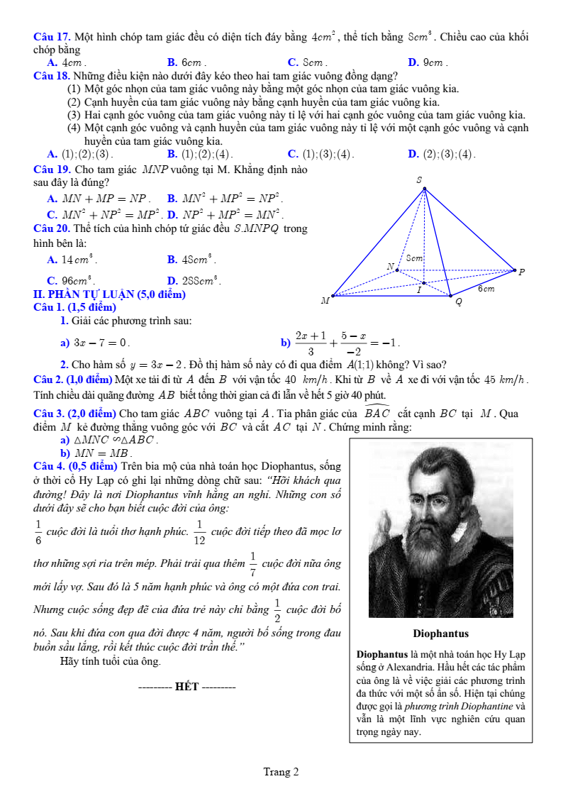 Đề thi Học kì 2 Toán 8 sở GD&ĐT Bắc Ninh năm 2024-2025