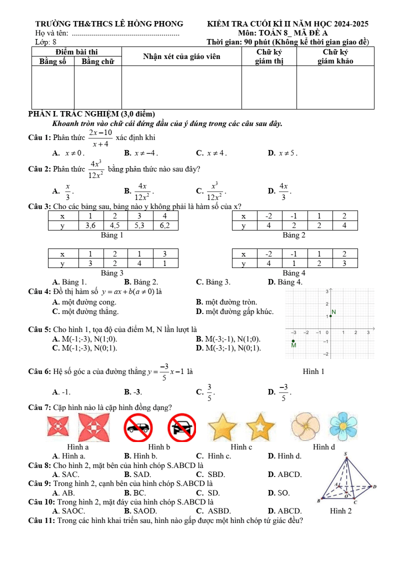 Đề thi Học kì 2 Toán 8 trường Lê Hồng Phong (Quảng Nam) năm 2024-2025