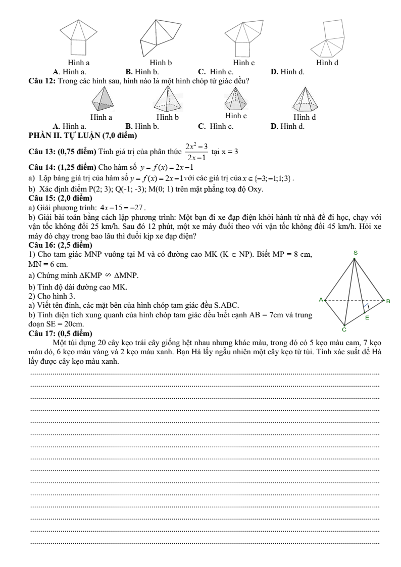 Đề thi Học kì 2 Toán 8 trường Lê Hồng Phong (Quảng Nam) năm 2024-2025