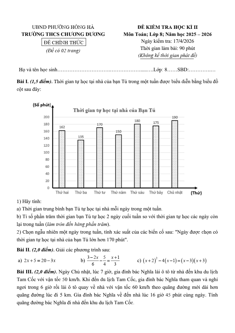 Đề thi Học kì 2 Toán 8 trường THCS Chương Dương (Hà Nội) năm 2025-2026