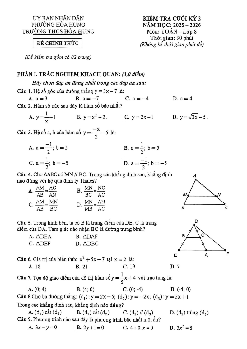 Đề thi Học kì 2 Toán 8 trường THCS Hòa Hưng (TP HCM) năm 2025-2026