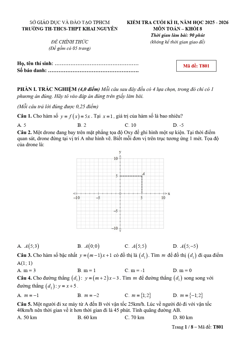 Đề thi Học kì 2 Toán 8 trường TH-THCS-THPT Khai Nguyên (TP HCM) năm 2025-2026
