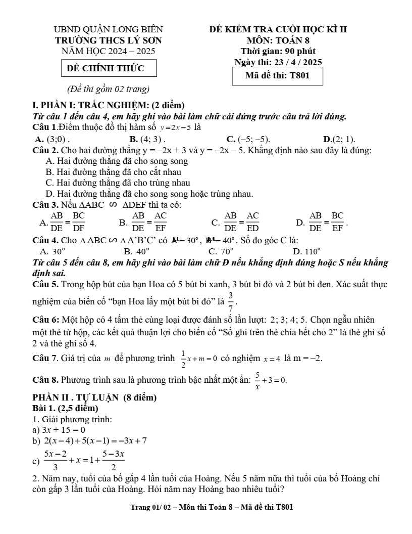 Đề thi Học kì 2 Toán 8 trường THCS Lý Sơn (Hà Nội) năm 2024-2025
