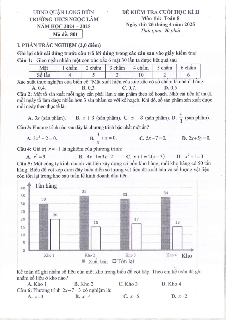Đề thi Học kì 2 Toán 8 trường THCS Ngọc Lâm (Hà Nội) năm 2024-2025